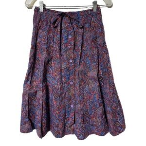 Vtg 60s Herman Geist Jewel Tone Paisley Pleated Button Up Midi Skirt Small 10